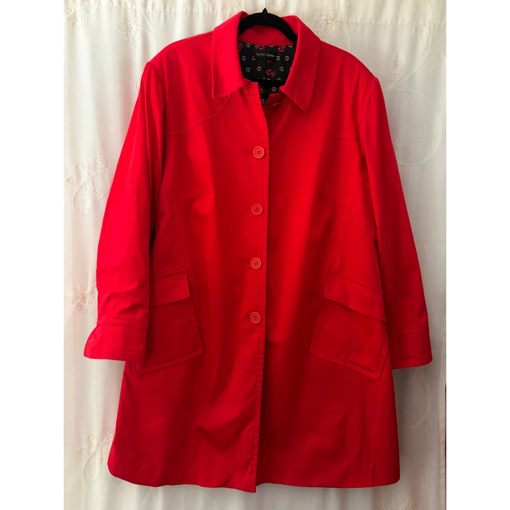 Rachel Adams Red Trench Coat Floral Lined Button Front Jacket Women Plus Size